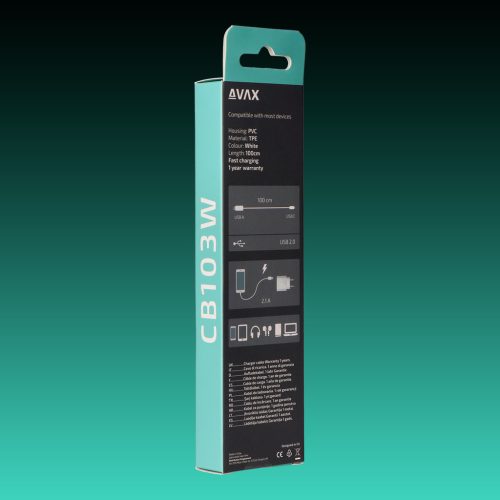 AVAX CB-103W PURE USB A-Type C 1m kábel 2.1A, fehér