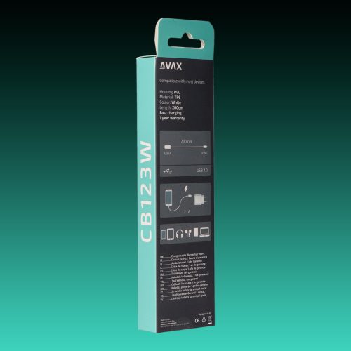 AVAX CB-123W PURE USB A-Type C 2m kábel 2.1A, fehér
