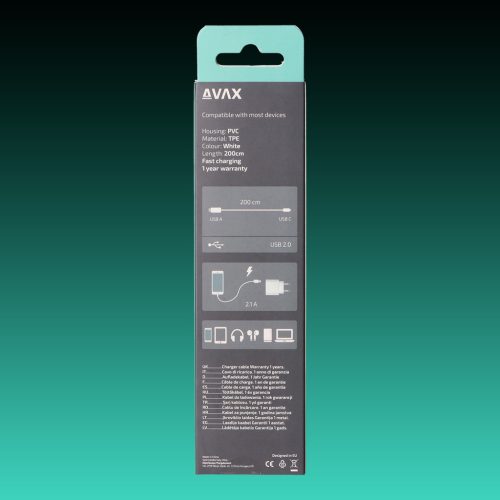 AVAX CB-123W PURE USB A-Type C 2m kábel 2.1A, fehér