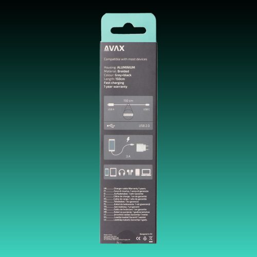 AVAX CB-301G STEELY USB A-Type C, 1.5m gyorstöltő, sodorszálas kábel, 3A, acélszürke