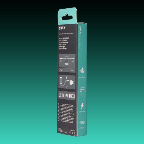 AVAX CB-301G STEELY USB A-Type C, 1.5m gyorstöltő, sodorszálas kábel, 3A, acélszürke