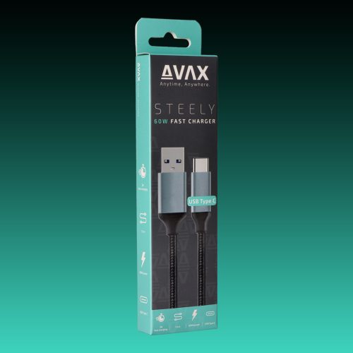AVAX CB-301G STEELY USB A-Type C, 1.5m gyorstöltő, sodorszálas kábel, 3A, acélszürke
