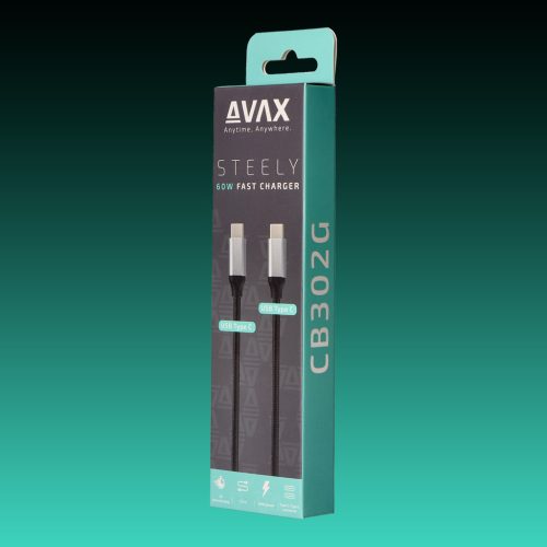AVAX CB-302G STEELY Type C-Type C 60W, 1.5m gyorstöltő, sodorszálas kábel, 3A, acélszürke