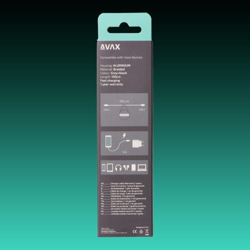 AVAX CB-302G STEELY Type C-Type C 60W, 1.5m gyorstöltő, sodorszálas kábel, 3A, acélszürke