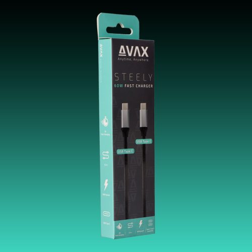 AVAX CB-302G STEELY Type C-Type C 60W, 1.5m gyorstöltő, sodorszálas kábel, 3A, acélszürke