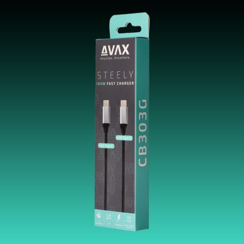 AVAX CB-303G STEELY Type C-Type C 100W, 1.5m gyorstöltő, sodorszálas kábel, 3A, acélszürke