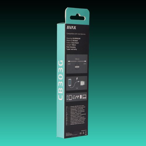 AVAX CB-303G STEELY Type C-Type C 100W, 1.5m gyorstöltő, sodorszálas kábel, 3A, acélszürke