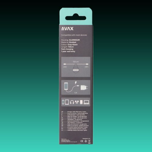AVAX CB-303G STEELY Type C-Type C 100W, 1.5m gyorstöltő, sodorszálas kábel, 3A, acélszürke