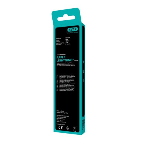 AVAX CB3312 27W USB-C–Lightning gyorstöltő szilikon kábel 1.5 m, rózsaszín