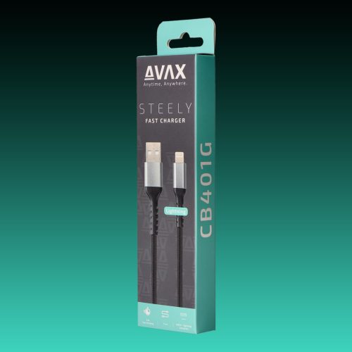 AVAX CB-401G STEELY USB A-Lightning 20W, 1.5m gyorstöltő, sodorszálas kábel, 3A, acélszürke
