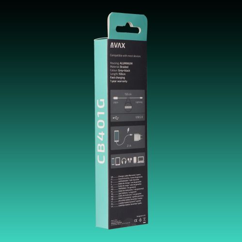 AVAX CB-401G STEELY USB A-Lightning 20W, 1.5m gyorstöltő, sodorszálas kábel, 3A, acélszürke