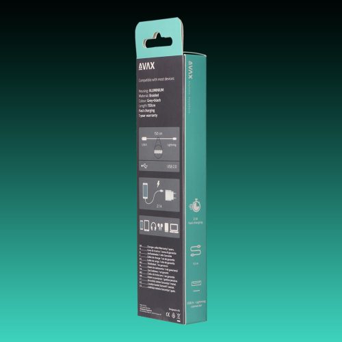 AVAX CB-401G STEELY USB A-Lightning 20W, 1.5m gyorstöltő, sodorszálas kábel, 3A, acélszürke
