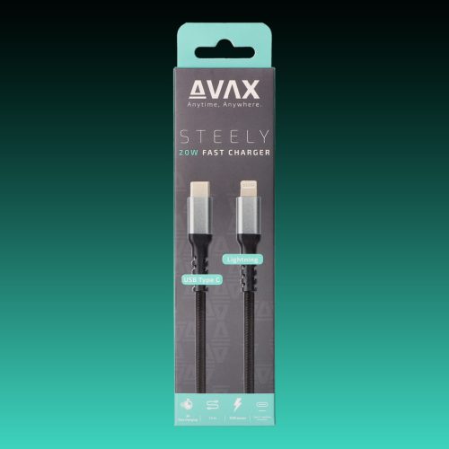 AVAX CB402G STEELY USB-C - Lightning gyorstöltő kábel 27W, sodorszálas, 3A, 1.5m acélszürke