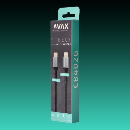 AVAX CB-402G STEELY Type C-Lightning 20W, 1.5m gyorstöltő, sodorszálas kábel, 3A, acélszürke