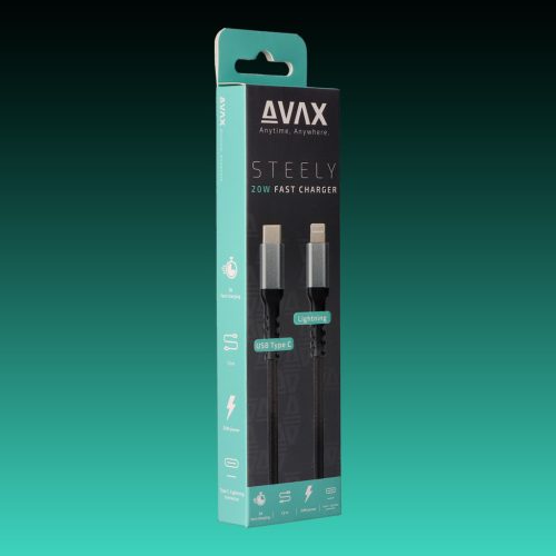 AVAX CB-402G STEELY Type C-Lightning 20W, 1.5m gyorstöltő, sodorszálas kábel, 3A, acélszürke