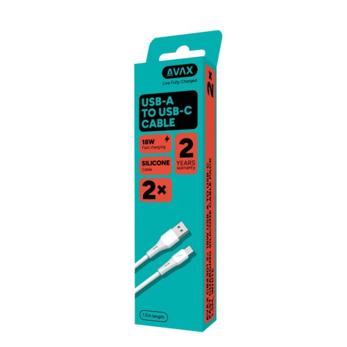 AVAX CB4301 2x 18W USB-A–USB-C gyorstöltő szilikon kábel csomag 1.5 m, fehér