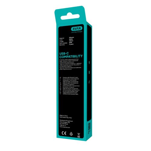 AVAX CB4303 2x 60W USB-C gyorstöltő szilikon kábel csomag 1.5 m, fehér