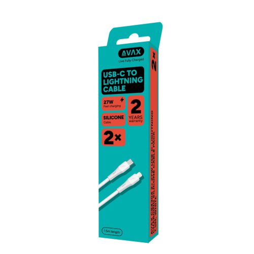 AVAX CB4304 2x 27W USB-C–Lightning szilikon töltőkábel csomag 1.5 m, fehér