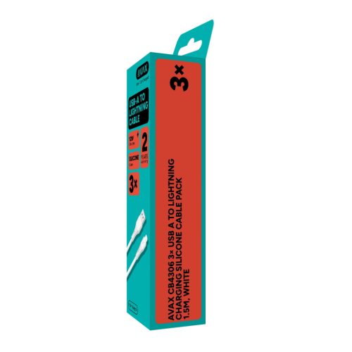 AVAX CB4306 3x USB-A–Lightning szilikon töltőkábel csomag 1.5 m, fehér