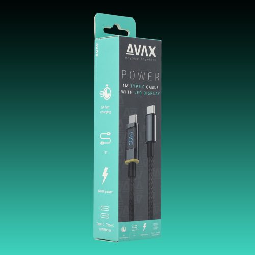 AVAX CB603B POWER+ LED Type C-Type C 140W gyorstöltő, sodorszálas kábel 1m, 5A, fekete