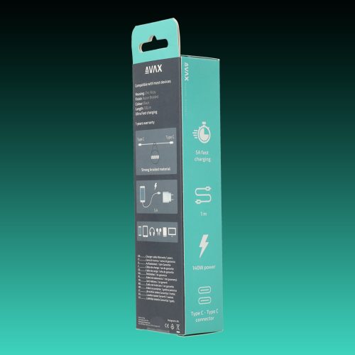 AVAX CB603B POWER+ LED Type C-Type C 140W gyorstöltő, sodorszálas kábel 1m, 5A, fekete