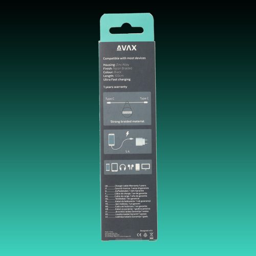 AVAX CB603B POWER+ LED Type C-Type C 140W gyorstöltő, sodorszálas kábel 1m, 5A, fekete