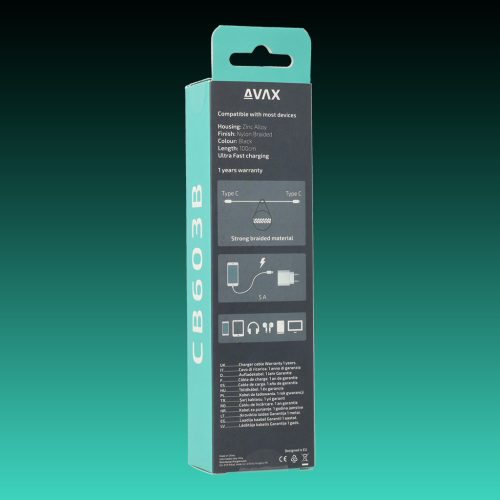 AVAX CB603B POWER+ LED Type C-Type C 140W gyorstöltő, sodorszálas kábel 1m, 5A, fekete