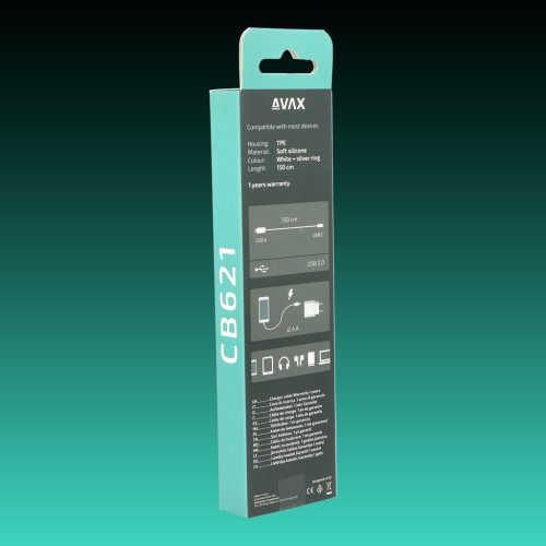 AVAX CB621 CREAMY+ USB A-Type C 2.4A, 1.5m gyorstöltő kábel, fehér-ezüst