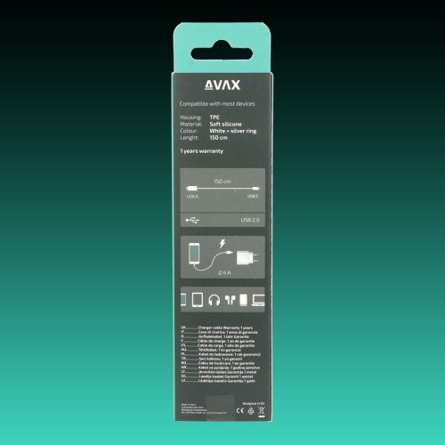 AVAX CB621 CREAMY+ USB A-Type C 2.4A, 1.5m gyorstöltő kábel, fehér-ezüst