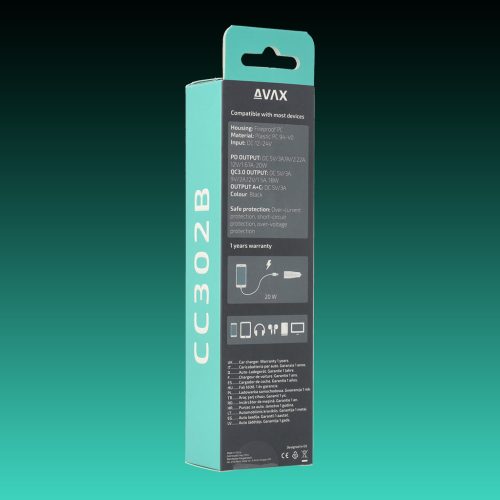 AVAX CC302B CARLY 20W Autós töltő USB A (QC)+Type C (PD), fekete