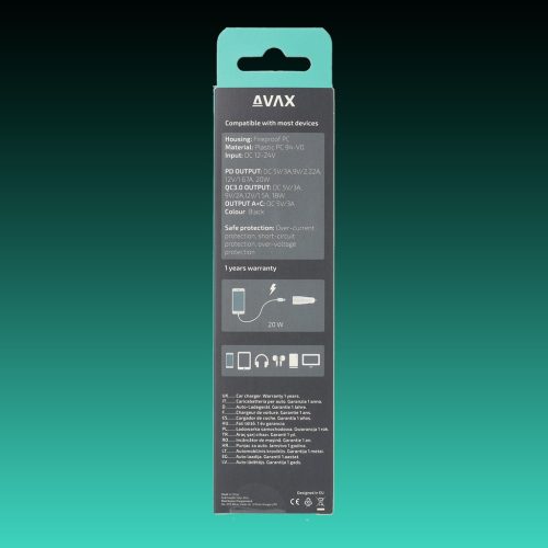 AVAX CC302B CARLY 20W Autós töltő USB A (QC)+Type C (PD), fekete