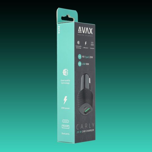 AVAX CC302B CARLY 20W Autós töltő USB A (QC)+Type C (PD), fekete