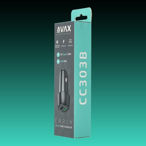 AVAX CC303B CARLY 38W Autós töltő USB A (QC)+Type C (PD), fekete