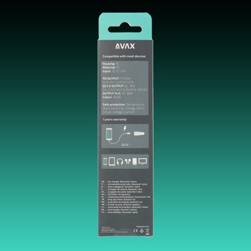 AVAX CC303B CARLY 38W Autós töltő USB A (QC)+Type C (PD), fekete