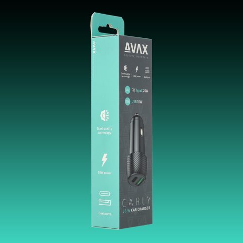 AVAX CC303B CARLY 38W Autós töltő USB A (QC)+Type C (PD), fekete