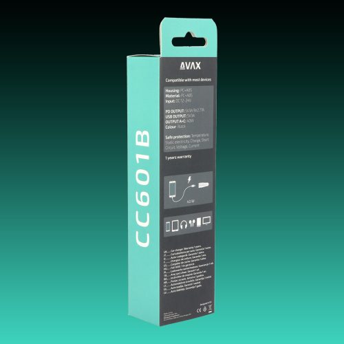 AVAX CC601B CARLY+ 40W Gyors autós töltő USB A (QC)+Type C (PD), fekete