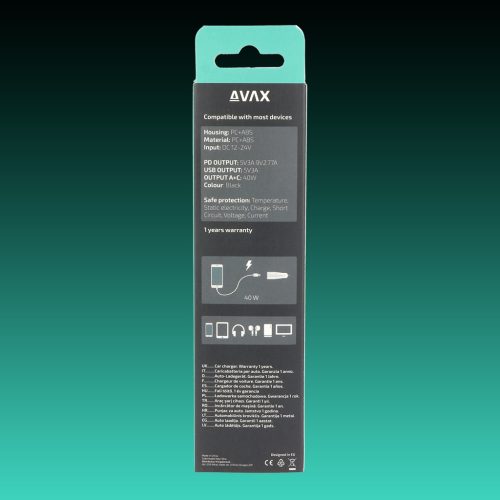 AVAX CC601B CARLY+ 40W Gyors autós töltő USB A (QC)+Type C (PD), fekete