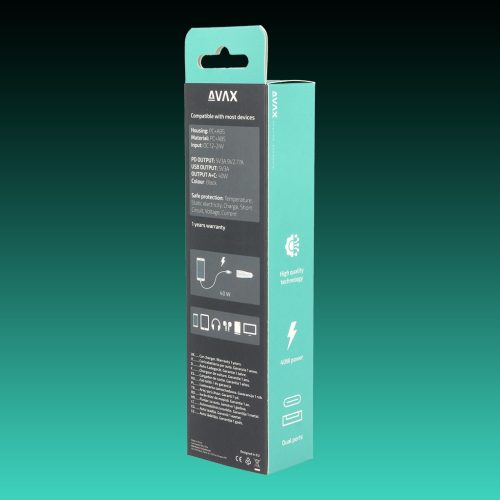 AVAX CC601B CARLY+ 40W Gyors autós töltő USB A (QC)+Type C (PD), fekete