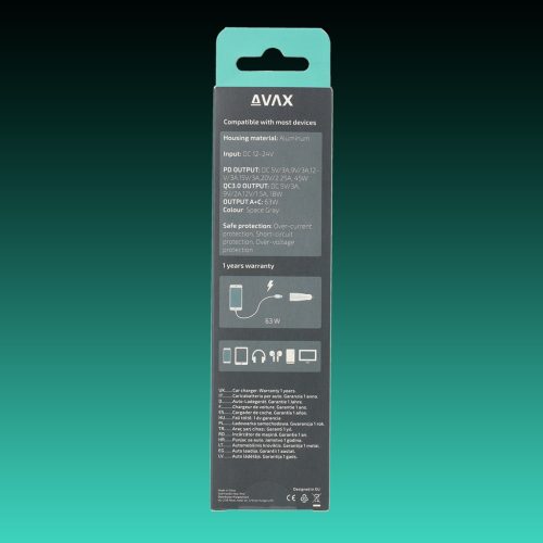 AVAX CC663B CARLY+ 63W Autós töltő USB A (QC)+Type C (PD), fekete