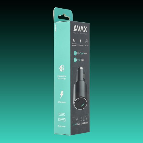 AVAX CC663B CARLY+ 63W Autós töltő USB A (QC)+Type C (PD), fekete