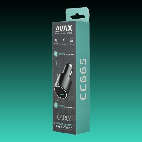 AVAX CC665B CARLY+ 83W Autós töltő USB A+Type C (PD3.0), fekete