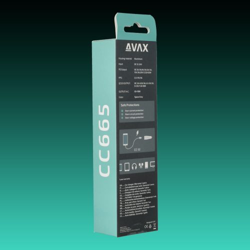 AVAX CC665B CARLY+ 83W Autós töltő USB A+Type C (PD3.0), fekete