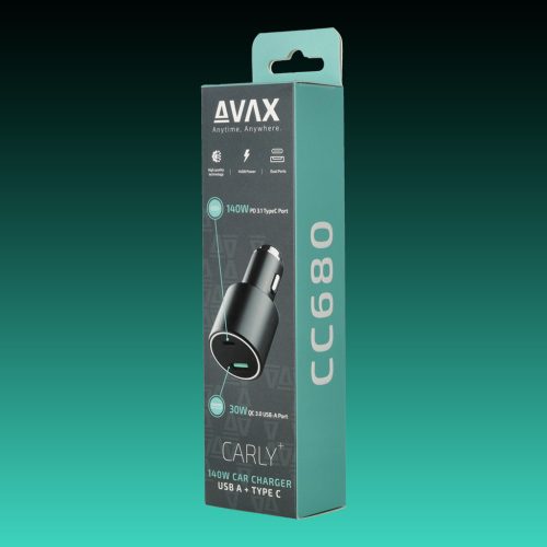 AVAX CC680B CARLY+ 140W Autós töltő USB A+Type C (PD3.1), fekete