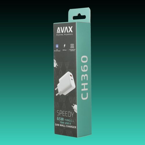 AVAX CH360 SPEEDY 65W GaN hálózati töltő USB A (QC)+Type C (PD3.0), fehér