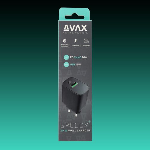 AVAX CH600B SPEEDY+ 20W Gyorstöltő adapter USB-C (PD)+ USB A (QC), fekete
