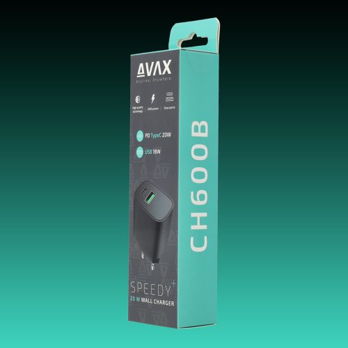 AVAX CH600B SPEEDY+ 20W Gyors hálózati töltő USB A (QC)+Type C (PD), fekete
