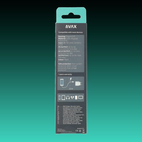 AVAX CH600B SPEEDY+ 20W Gyors hálózati töltő USB A (QC)+Type C (PD), fekete