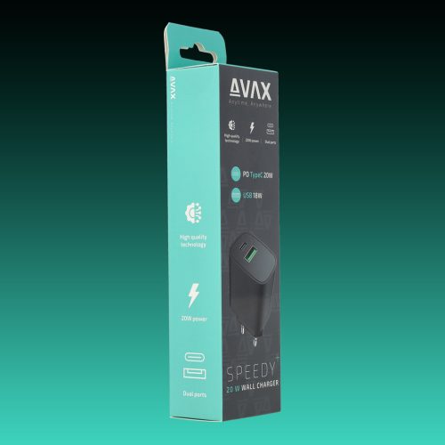 AVAX CH600B SPEEDY+ 20W Gyors hálózati töltő USB A (QC)+Type C (PD), fekete