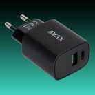 AVAX CH600B SPEEDY+ 20W Gyorstöltő adapter USB-C (PD)+ USB A (QC), fekete