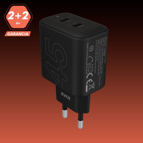AVAX CH602B SPEEDY+ 45W GaN gyors töltő adapter 2x USB-C (PD3.0), fekete